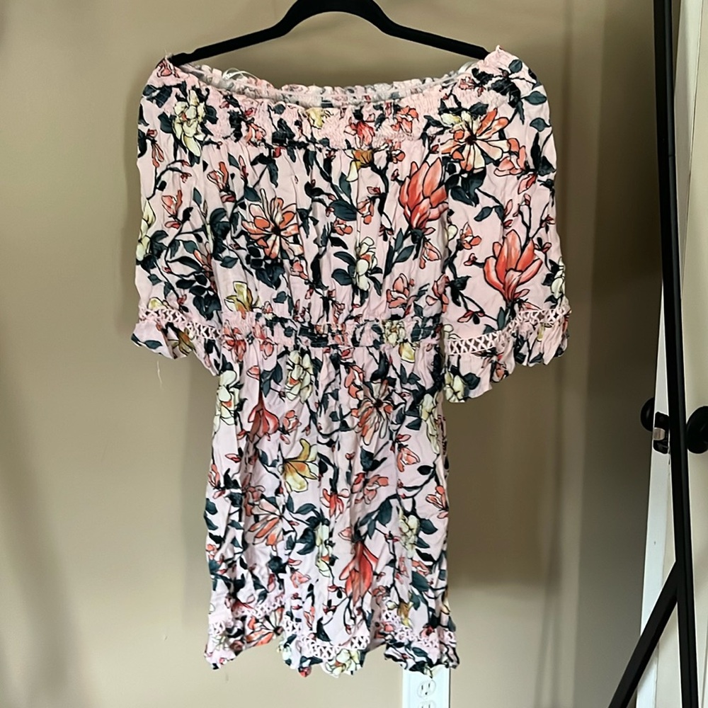 Pink and floral off the shoulder dress